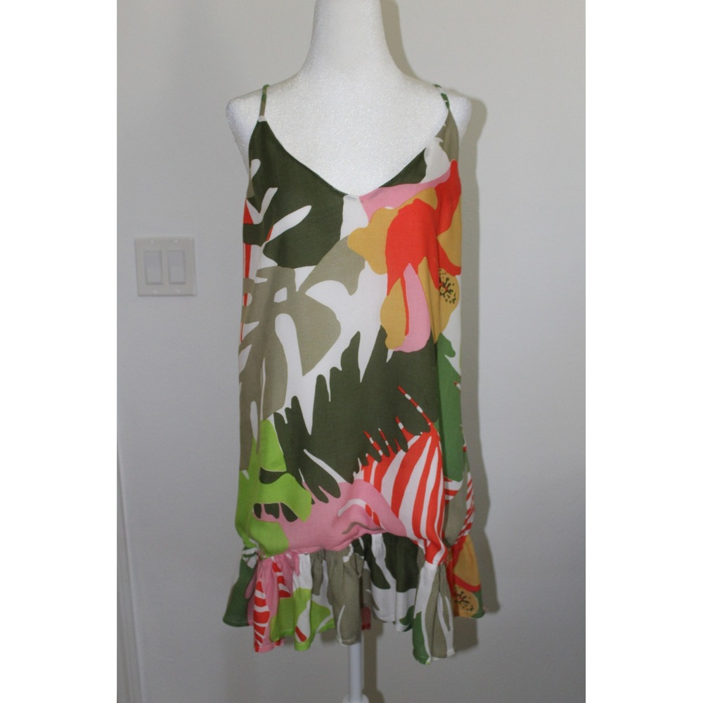 Aila Blue Tropical Floral Print Ruffle Hem Mini Dress Spaghetti Strap Size M